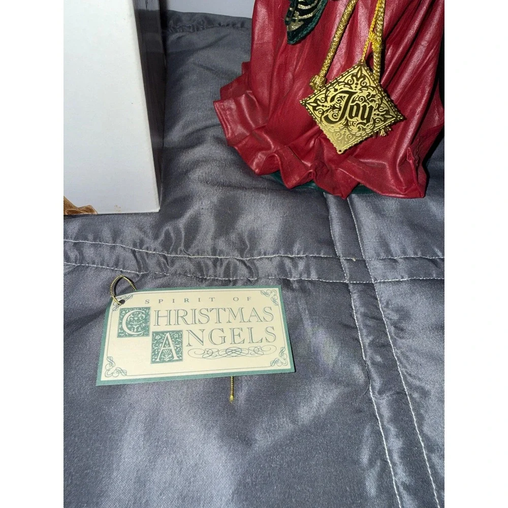 Spirit of Christmas Angels Fabric Mache Figurine Burgundy Green Gold Trumpet Box